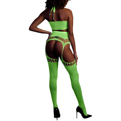 Ouch! Glow Ensemble Bustier Dos nu et Porte-Jarretelles 2 Pièces Vert Fluo